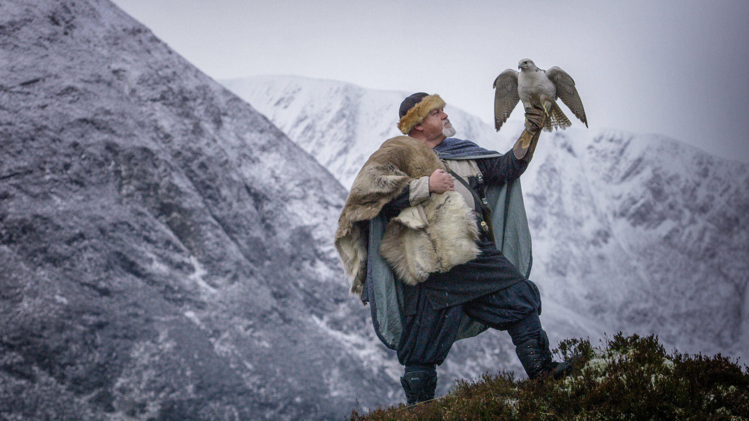 "Feuer und Eis - Die magischen Inseln der Wikinger": Ein Reanactor-Wikinger und ein Gerfalke (Gyrfalcon) in der verschneiten Landschaft des Alladale Naturschutzgebiet in Schottland.